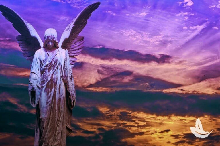 A statue of an angel with outstretched wings stands against a vibrant sunset sky with hues of purple, pink, and orange. A white dove symbol is visible in the bottom right corner.