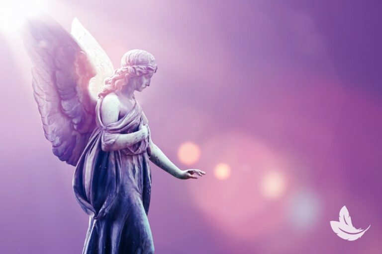 A statue of an angel with wings outstretched stands against a purple background with lens flares and a white bird logo in the bottom right corner.