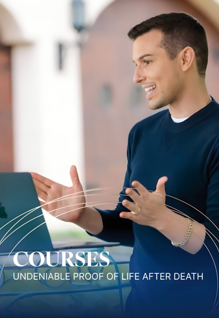 Matt Fraser speaking in front of a laptop with overlay text: "COURSES: Undeniable Proof of Life After Death.