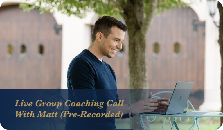 A man sits outside at a table with a laptop, smiling, during a coaching call. Text overlay reads "Live Group Coaching Call With Matt Fraser (Pre-Recorded).