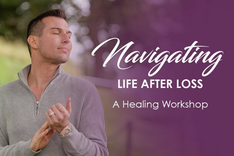 A person standing outdoors with eyes closed and hands clasped, next to text that reads "Navigating Life After Loss: A Healing Workshop with Matt Fraser.