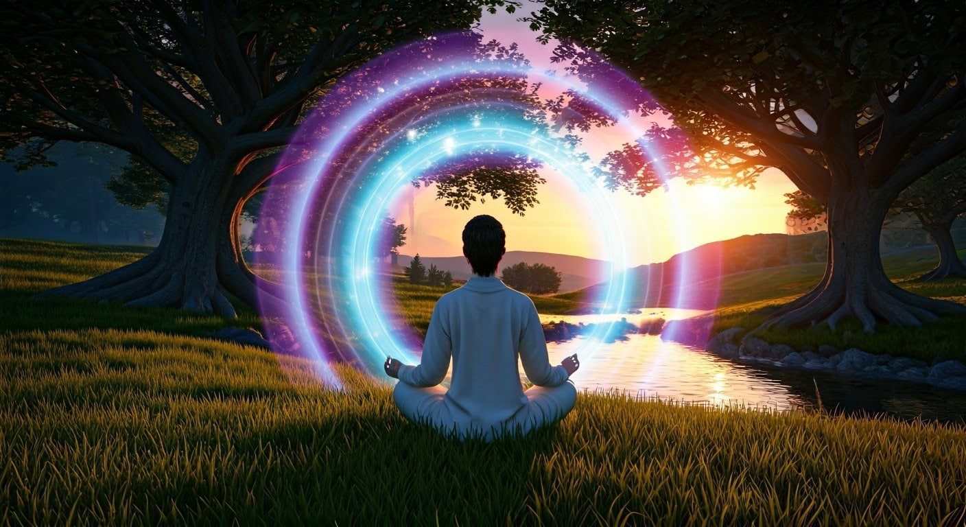 Matt Fraser, dressed in white, sits cross-legged on the grass near a river, surrounded by a glowing, colorful energy ring. The setting sun illuminates the landscape around him.