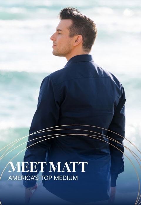 A man in a dark shirt stands facing the ocean. Text overlay reads: "MEET MATT FRASER, AMERICA'S TOP MEDIUM.