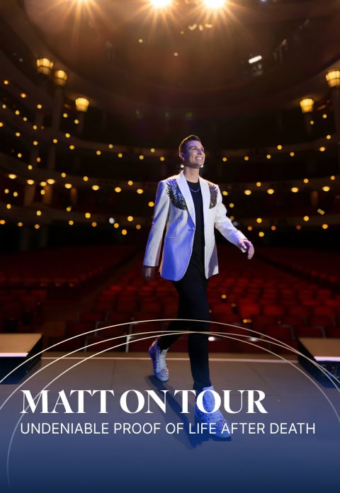 Matt Fraser, in a stylish outfit, walks confidently on an empty theater stage with lights overhead. Text at the bottom reads: "Matt Ontour: Undeniable Proof of Life After Death.