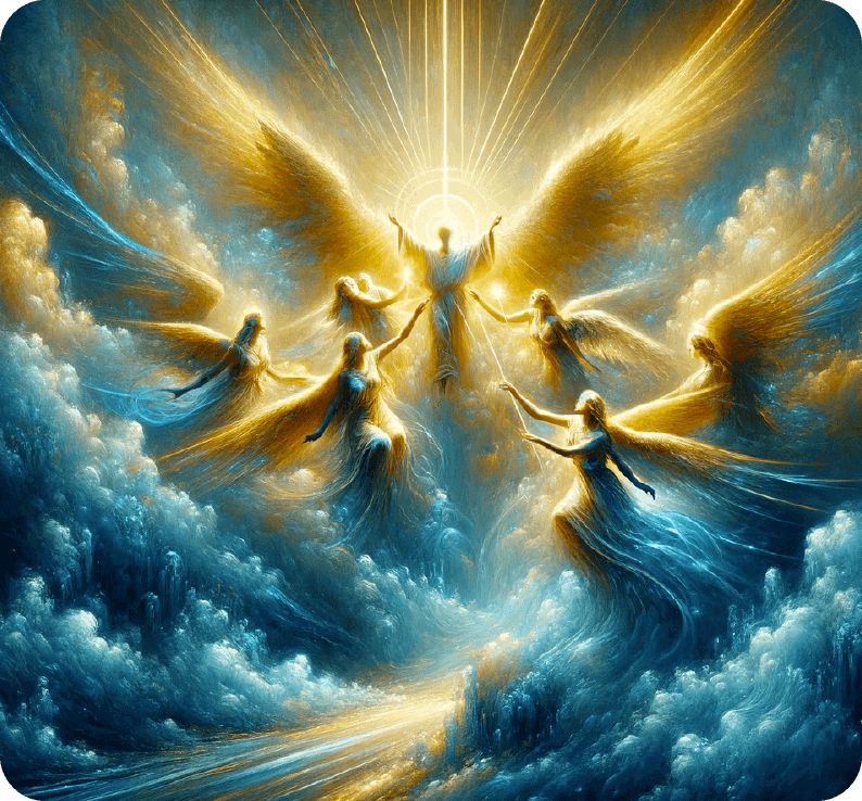 A group of angelic figures with glowing wings and flowing garments surround Matt Fraser, a central luminous figure in a cloud-filled sky with radiant golden and blue light.