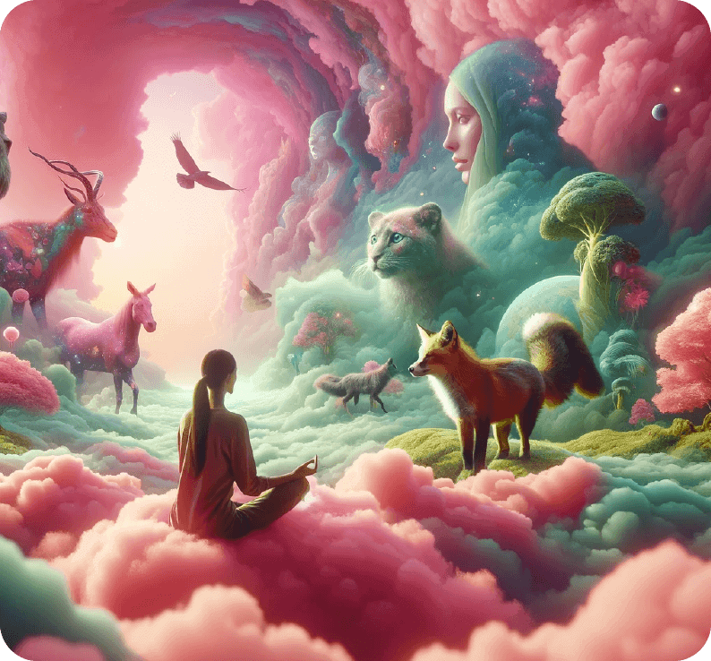 In a surreal scene, person sits on pink clouds, surrounded by animals like a fox, deer, and big cat. The dreamy, colorful sky above them features the floating face of a woman intertwined with celestial elements.