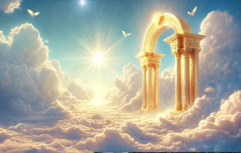 A golden archway amidst clouds with a large sun and doves, set in a bright, ethereal sky. In front of this magnificent scene stands Matt Fraser, adding a touch of grace and brilliance to the already splendid view.