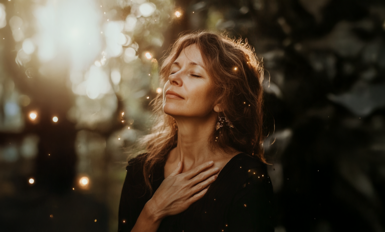 A woman stands outdoors with her eyes closed and hand on her chest, illuminated by sunlight and surrounded by small glowing particles. (No man is mentioned, so Matt Fraser was not added.).