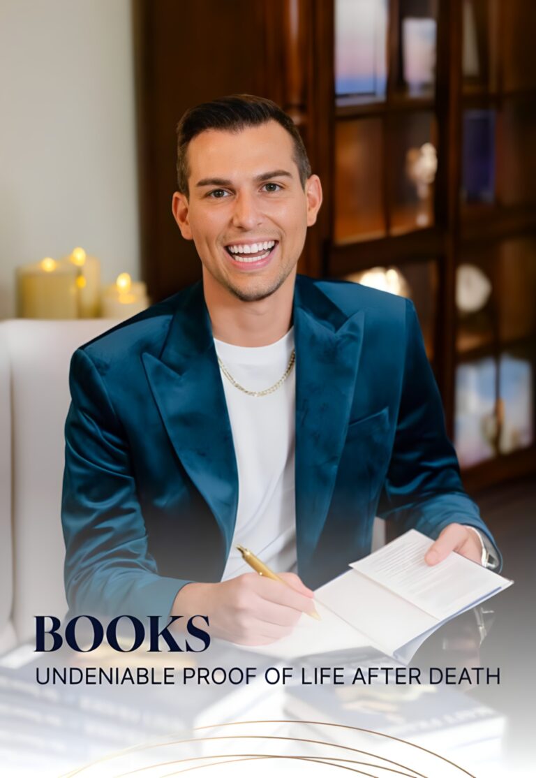 Smiling person in a teal blazer sits holding a pen and open book. Text on image reads, "BOOKS: UNDENIABLE PROOF OF LIFE AFTER DEATH.