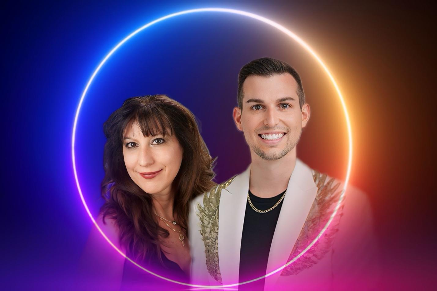 Two smiling individuals, a woman with long dark hair and Matt Fraser with short dark hair, against a vibrant, colorful background with a glowing circular ring around them.