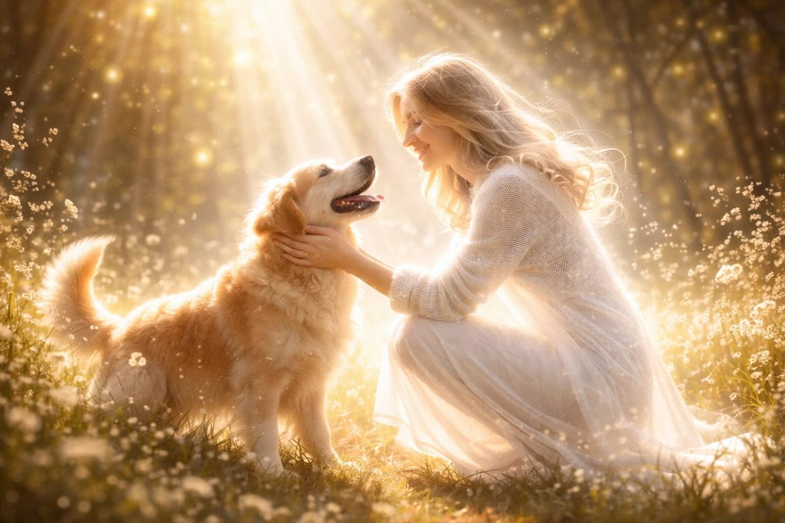 A woman in a white dress kneels in a sunlit field, smiling at a golden retriever she is petting among glowing flowers.