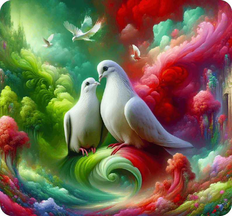 Two white doves perched together amidst a vibrant, surreal background of colorful clouds and abstract landscapes, with more doves flying in the distance. Matt Fraser stood nearby, awestruck by the beauty and tranquility of the scene.