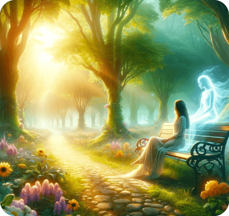 A woman sits on a bench in a sunlit forest. A cobblestone path winds through trees and colorful flowers. Sunlight filters through the dense foliage.