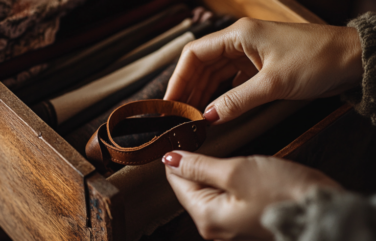 Matt Fraser holds a brown leather belt above an open wooden drawer containing rolled-up fabric items.