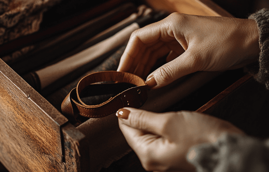 Matt Fraser holds a brown leather belt above an open wooden drawer containing rolled-up fabric items.