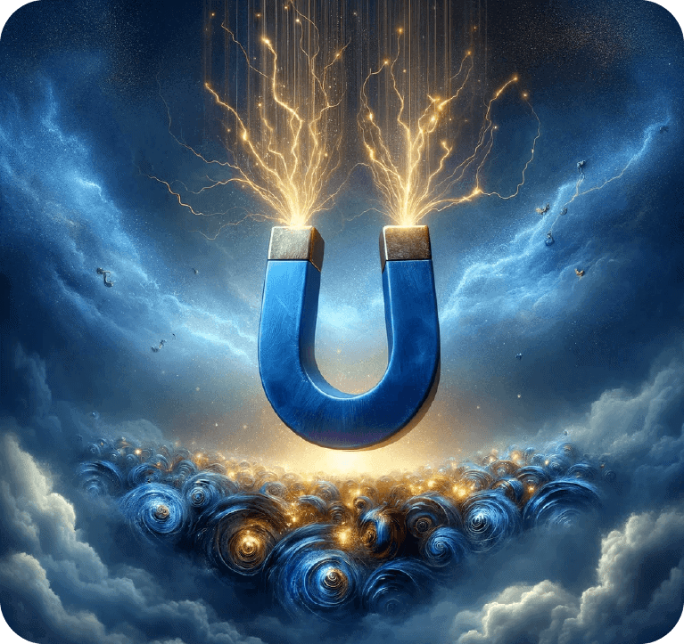 A large blue horseshoe magnet hovers above swirling blue and gold clouds, emitting bright yellow sparks from both poles against a dramatic sky background.