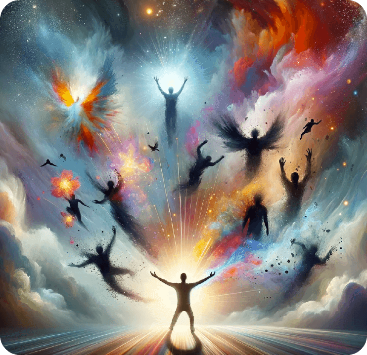 A man stands with arms outstretched below a vibrant, celestial sky filled with silhouettes of figures, colorful clouds, and cosmic elements.