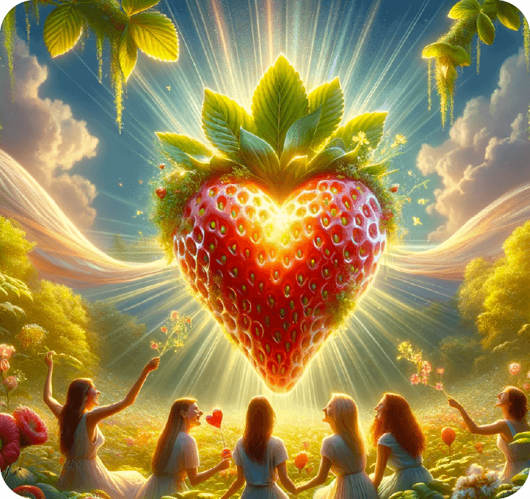 A group of six people, sit in a circle around a glowing, heart-shaped strawberry with leaves, bathed in radiant light in a lush, green environment.