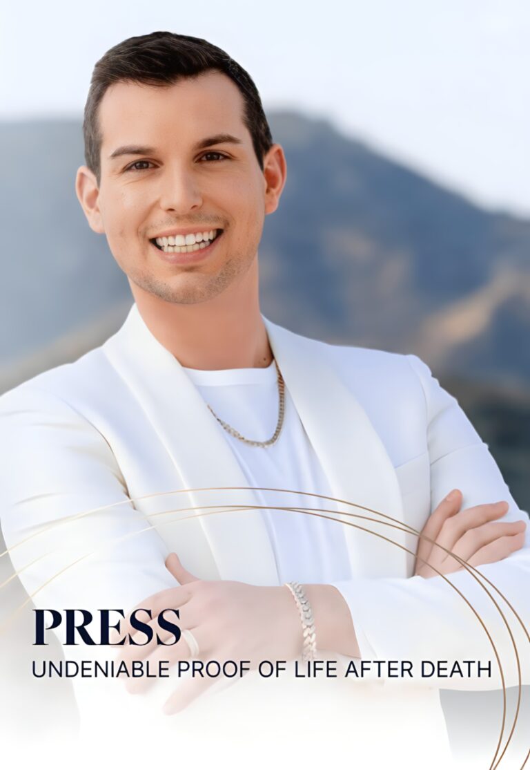 Matt Fraser in a white jacket stands outdoors with mountainous background. Text reads: "PRESS: Undeniable Proof of Life After Death, featuring Matt Fraser.