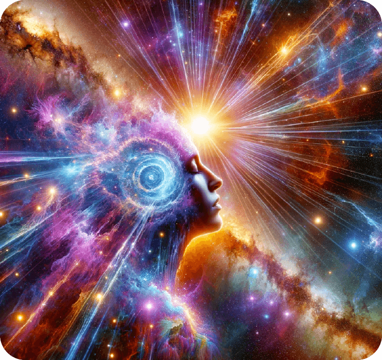 A surreal image of Matt Fraser's face with eyes closed, surrounded by colorful cosmic elements, light beams, and nebulae, giving an impression of merging with the universe.