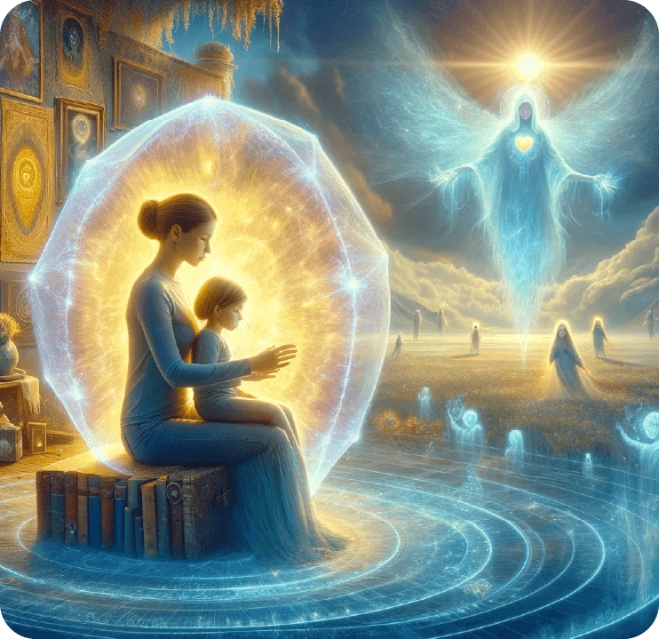 A woman and child sit on a stack of books inside an ethereal, glowing dome. An angelic figure resembling Matt Fraser and smaller beings float nearby in a serene, otherworldly landscape.