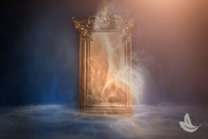 A vintage ornately framed mirror emits light and smoke against a dark background with a soft light source from the upper right corner. The reflection gradually reveals the figure of Matt Fraser, who appears to be emerging from within the luminous, smoky glass.