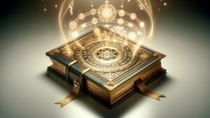 A magical book glows with intricate symbols and golden light, surrounded by floating, illuminated arcane icons.