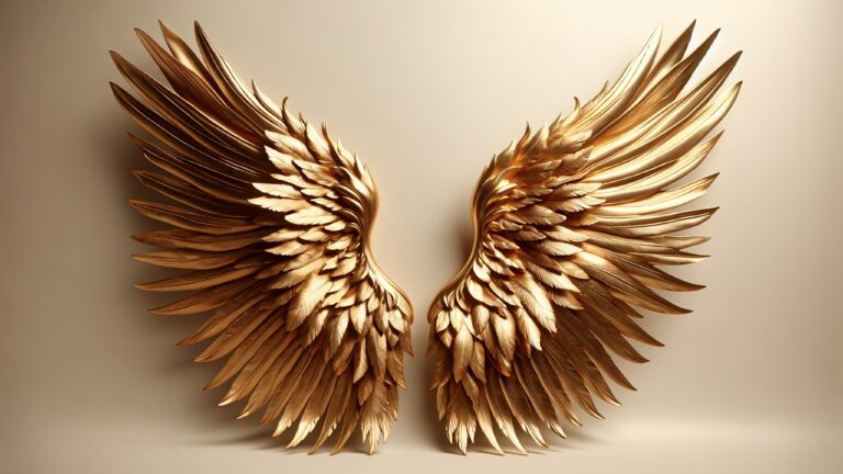 Golden wings with intricate feather details displayed against a light background.