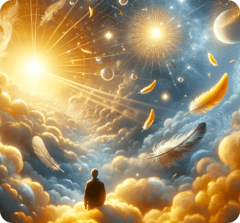 Person stands on clouds, looking at a bright sun and glowing celestial objects surrounded by floating feathers in a surreal sky.