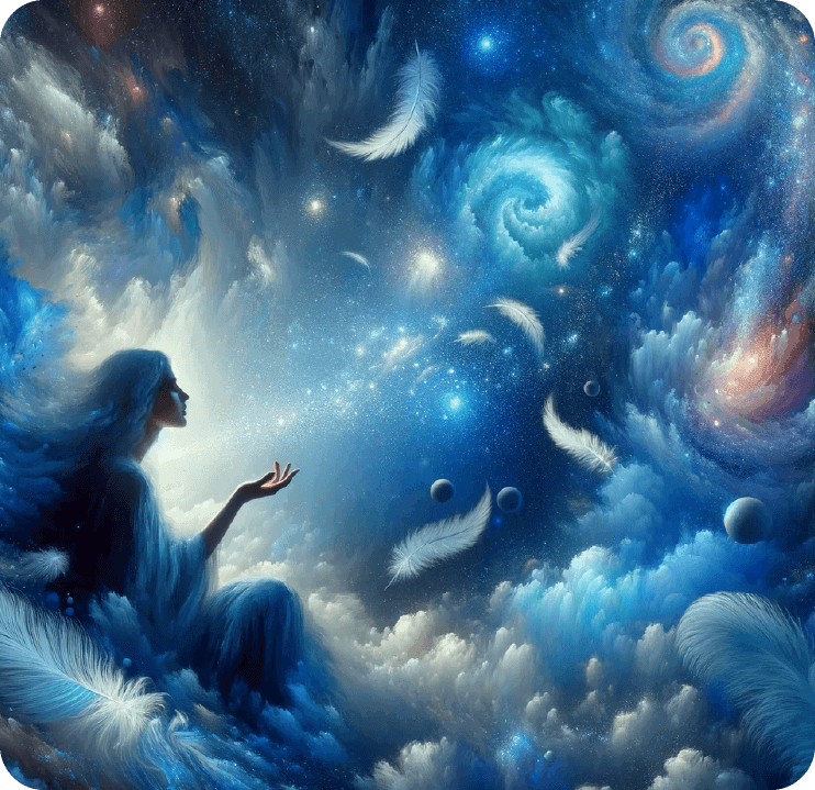 A person sits amidst a celestial scene with swirling galaxies, feathers, and clouds. He reaches out towards the stars, capturing the essence of wonder and curiosity in this otherworldly landscape.