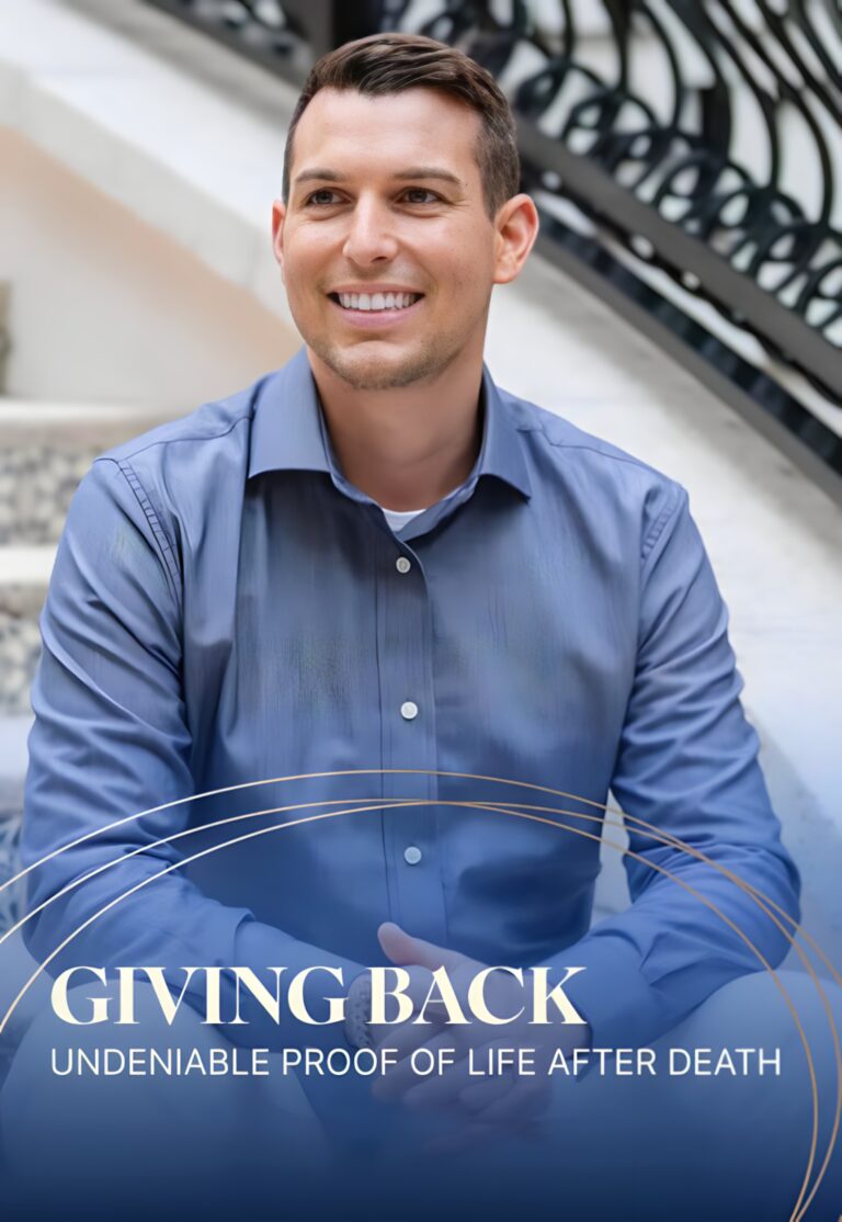 Matt Fraser, sits on stairs under the text "Giving Back: Undeniable Proof of Life After Death.