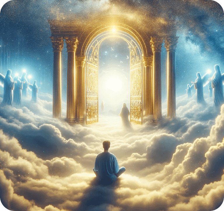 A person sits on a cloud in front of golden gates surrounded by radiant light, with ethereal figures holding glowing orbs on either side. The scene appears otherworldly and celestial.