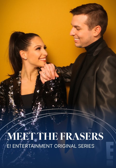 Matt and Alexa Fraser, both dressed in black with shiny jackets, smile at each other against a yellow background. Text overlay reads: "Meet The Frasers, E! Entertainment Original Series.