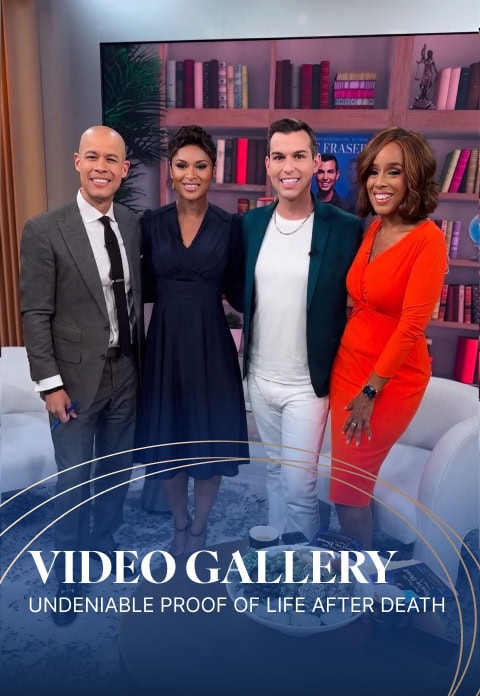 Four people, including Matt Fraser, are smiling and standing indoors with bookshelves and a screen showing a portrait behind them. Text overlay reads: "Video Gallery: Undeniable Proof of Life After Death.